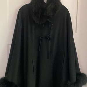 Luxury black cashmere cape, trimmed in genuine Fox Fur by Saga Furs.